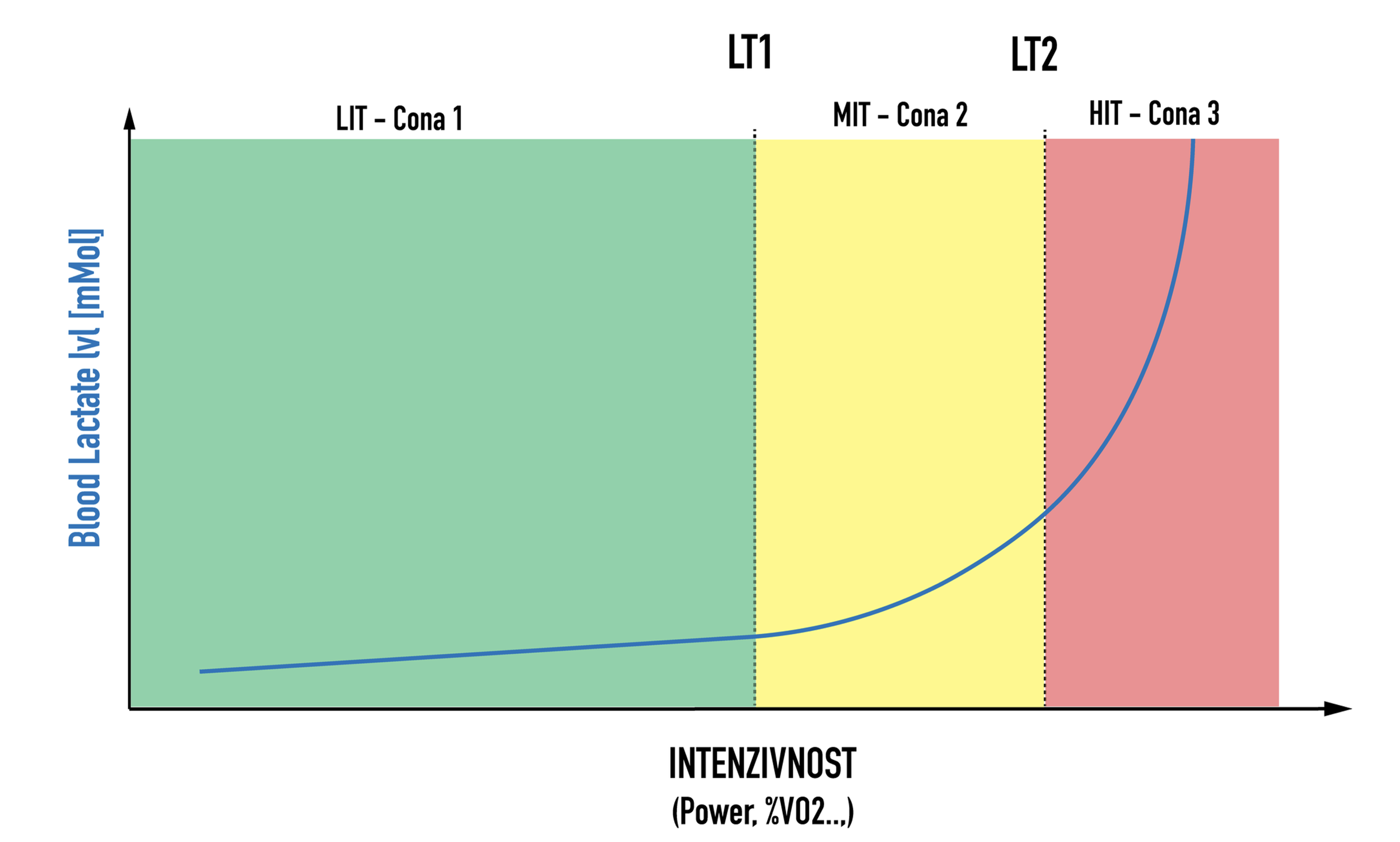 Teoretičen laktatni profil in delitev na 3 osnovna fiziološka območja
